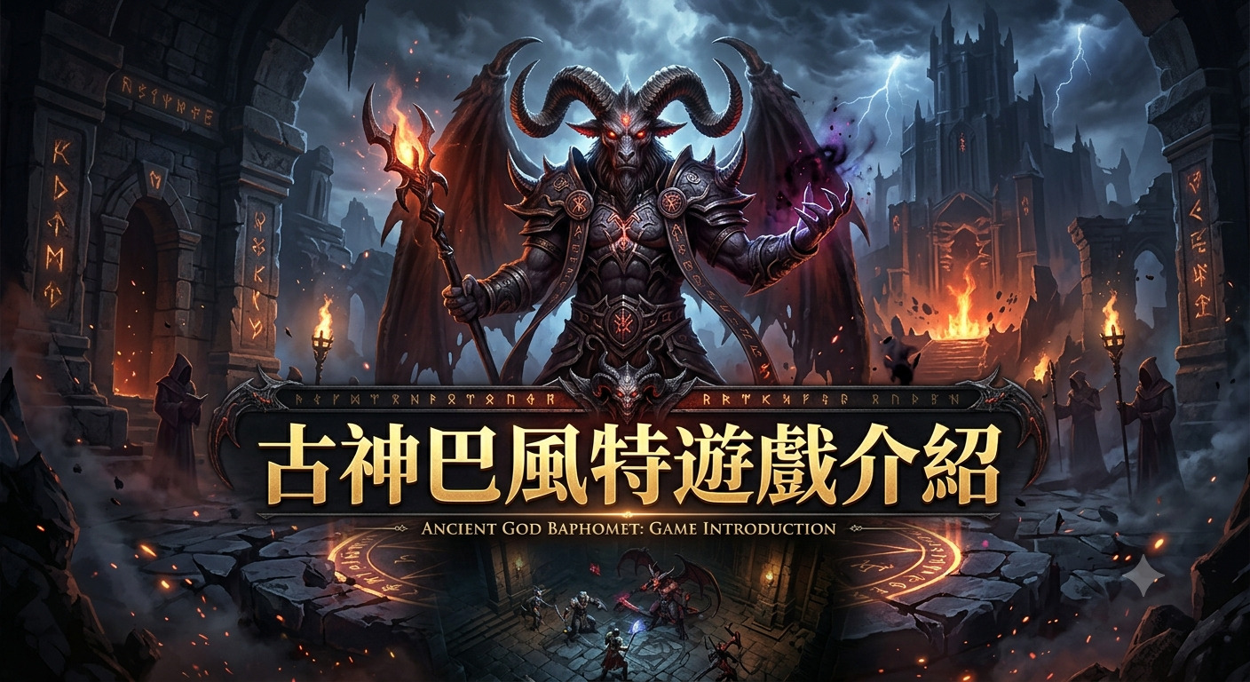 這是一張以古神巴風特為主題的遊戲介紹圖像,畫面中央呈現出強大的惡魔形象,背景為充滿黑暗奇幻風格的陰暗古堡與戰鬥場景。 圖像中心清晰地標示著「古神巴風特遊戲介紹」的繁體中文標題,整體色調陰沉且充滿史詩感。