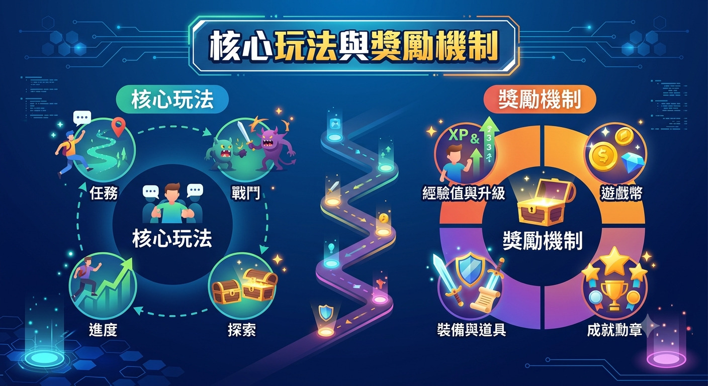 這是一張展示遊戲核心玩法與獎勵機制的圖表,左側描繪了任務、戰鬥、探索與進度等遊戲互動要素。 右側則呈現經驗值升級、遊戲幣、裝備道具及成就勳章等獎勵體系,中間以路徑連接兩者,視覺結構清晰明瞭。