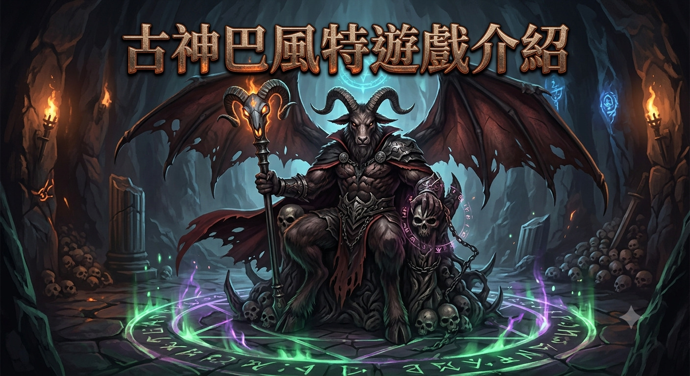 這張圖像呈現了古神巴風特坐在充滿骷髏的黑暗王座上,展現出威嚴且神秘的氣勢。 四周圍繞著詭譎的魔法陣與暗色調的洞穴氛圍,完美呼應了標題所營造的遊戲主題感。
