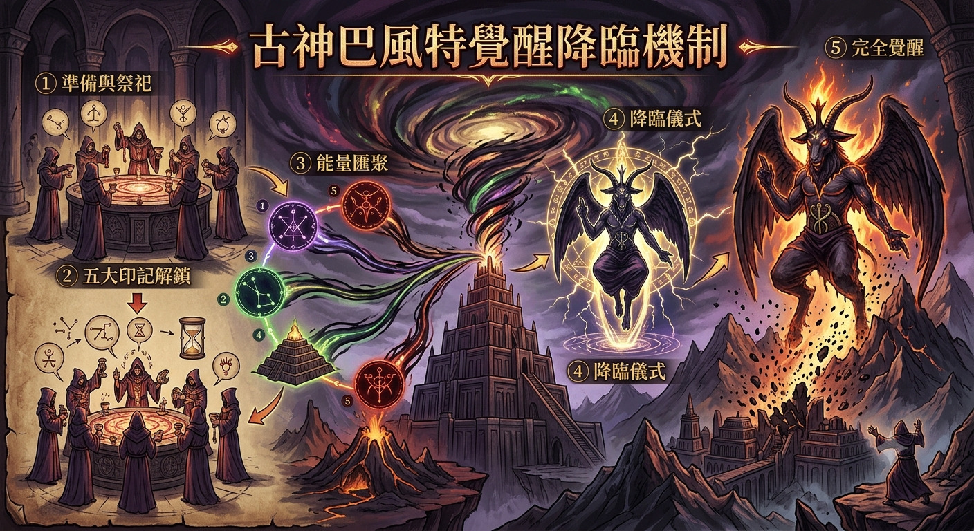 這是一張描繪「古神巴風特覺醒降臨機制」的史詩級插畫,展示了從祭祀儀式、符文解鎖到最終邪神降臨的完整過程。 畫面融合了黑暗奇幻與神秘主義風格,細緻刻畫了教徒聚集能量以及巴風特在山巔破界而出的震撼場景。