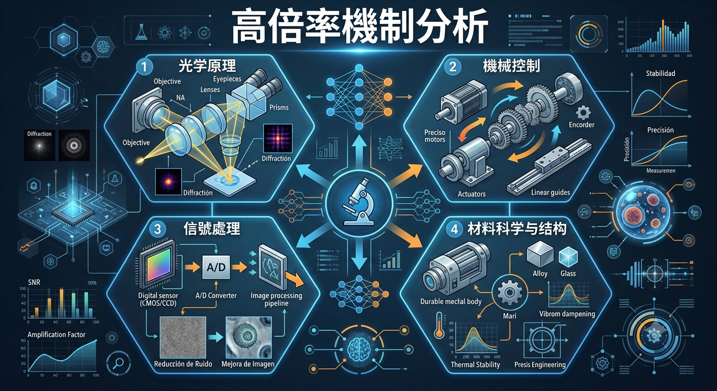 這幅高科技風格的圖表詳細解析了「高倍率機制分析」,展示光學原理、機械控制、信號處理與材料結構四大核心模組。 整體設計以科技藍為主調,融合了顯微鏡圖標、電路元件及各式數據圖表,呈現出嚴謹且具未來感的科學分析氛圍。